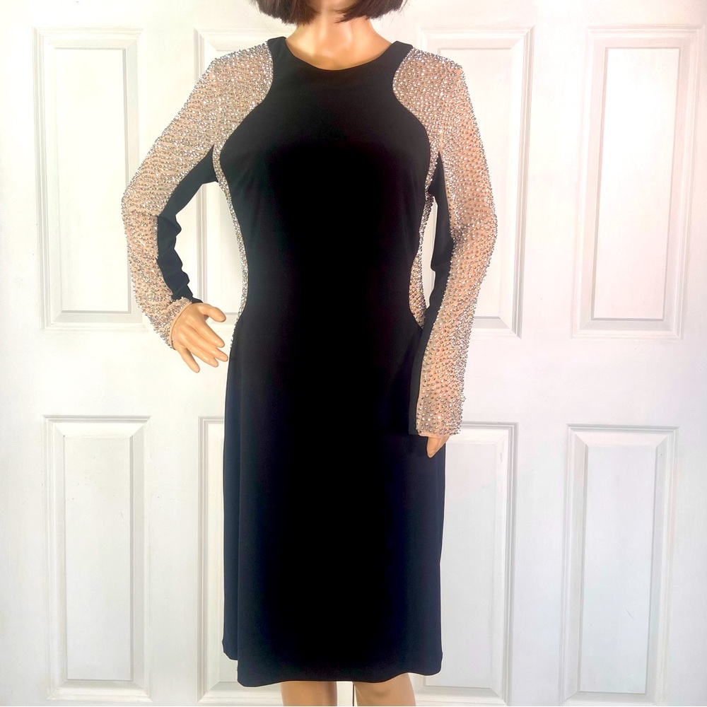 Xscape Nude Illusion Beaded Side Panel Jersey Dress